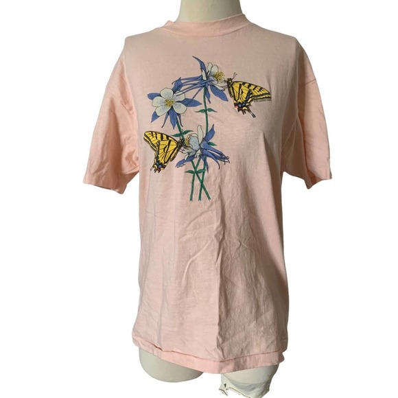 Vintage Tops - Vtg 80s Columbine butterfly t-shirt L
